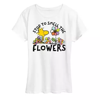 Женская футболка с рисунком Peanuts Woodstock Smell The Flowers Licensed Character, белый
