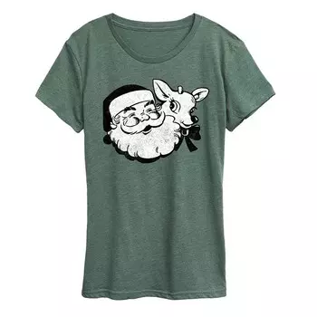 Женская футболка с рисунком Санта-Клауса и оленей Licensed Character, цвет Heather Green
