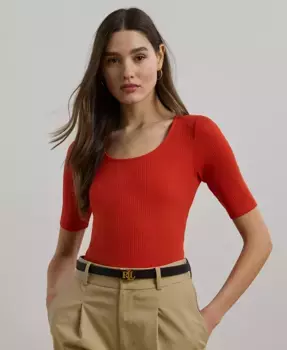 Женская футболка с рукавом 3/4 из ребристой хлопковой ткани Lauren Ralph Lauren, красный