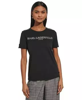 Женская футболка с украшенным логотипом KARL LAGERFELD PARIS, черный