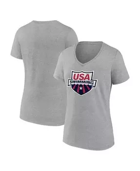 Женская футболка с v-образным вырезом и логотипом Heather Grey USA для плавания Primary Fanatics, серый