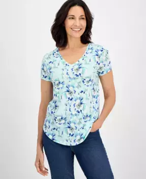 Женская футболка с V-образным вырезом из хлопковой смеси с принтом Style & Co, синий