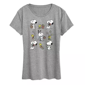 Женская футболка с весенним узором и графическим рисунком Peanuts Snoopy & Woodstock Licensed Character, цвет Heather Gray