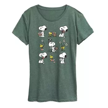 Женская футболка с весенним узором и графическим рисунком Peanuts Snoopy & Woodstock Licensed Character, цвет Heather Green