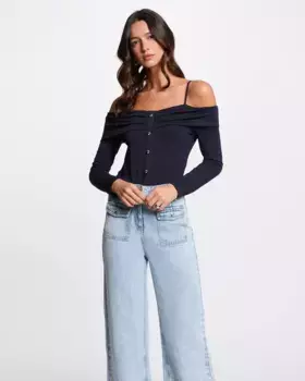 Женская футболка с вырезом Бардо и декоративными пуговицами Morgan, тёмно-синий