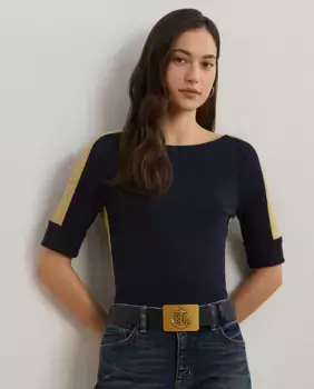 Женская футболка с вырезом из хлопка Lauren Ralph Lauren, тёмно-синий