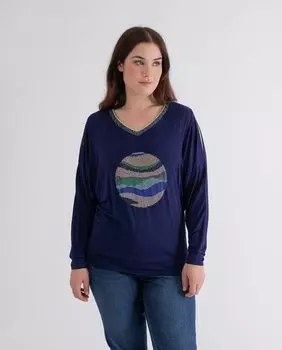 Женская футболка со стразами и V-образным вырезом October, темно-синий