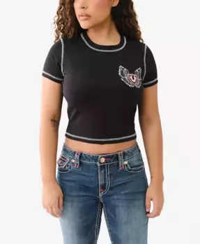 Женская футболка SS Contrast Stitch Wing Baby с круглым вырезом True Religion, черный