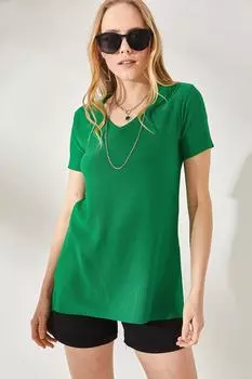 Женская футболка травяного цвета с v-образным вырезом и разрезами по бокам Olalook, зеленый