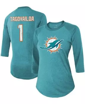 Женская футболка Tri-Blend Tua Tagovailoa Aqua Miami Dolphins с именем игрока, номером реглан, рукав 3/4 Fanatics