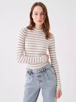 Женская футболка в полоску с длинным рукавом и высоким воротником LCW Casual, коричневый полосатый