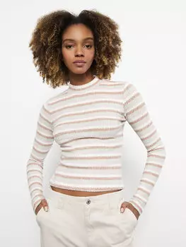 Женская футболка в полоску с длинным рукавом и высоким воротником LCW Casual, коричневый полосатый