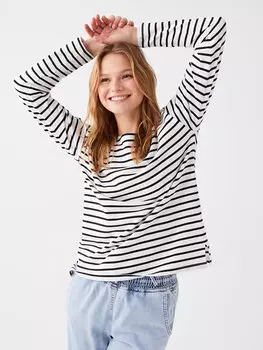 Женская футболка в полоску с круглым вырезом и длинным рукавом LCW Casual, экрю полосатый