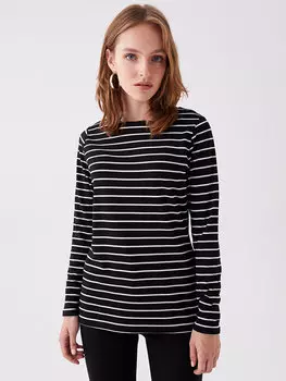 Женская футболка в полоску с круглым вырезом и длинным рукавом LCWAIKIKI Classic, черный полосатый