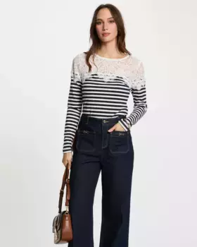 Женская футболка в полоску с кружевом Morgan, белый