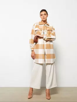 Женская габардиновая куртка-рубашка в клетку с длинными рукавами и застежкой на пуговицы спереди LCWAIKIKI Classic, экрю плед