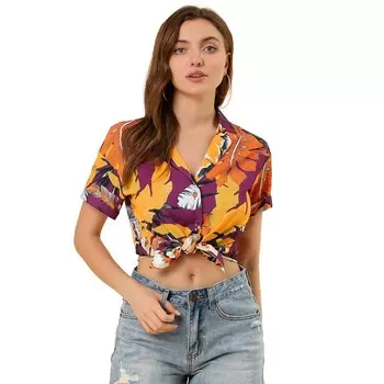 Женская гавайская пляжная рубашка на пуговицах с цветочным принтом и листьями ALLEGRA K, фиолетовый