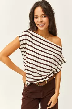 Женская гибкая блузка премиум-класса с мягким на ощупь горько-коричневым полосатым воротником Olalook, коричневый