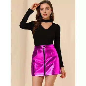 Женская голографическая мини-короткая юбка с металлической молнией спереди и высокой талией ALLEGRA K, розовый