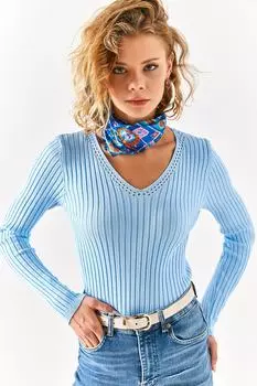 Женская голубая ажурная трикотажная блузка в рубчик с v-образным вырезом Olalook, бежевый