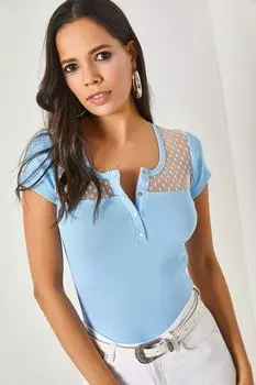 Женская голубая блузка из лайкры с деталями из тюля Olalook, бежевый