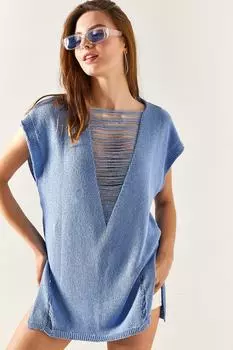 Женская голубая трикотажная блузка с глубоким вырезом и разрезом Olalook, синий