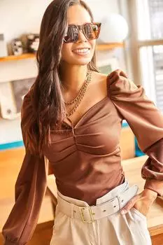 Женская горько-коричневая блузка со сборками спереди и объемными рукавами Olalook, коричневый