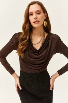 Женская горько-коричневая блузка со складками и воротником-стойкой Olalook, коричневый