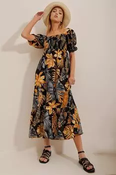 Женская горчично-черная блестящая юбка с квадратным воротником, платье средней длины из вискозы с оборками и узором Trend Alaat Stili, желтый