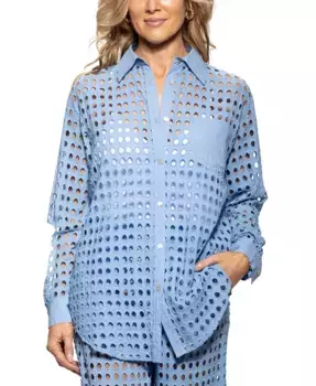 Женская хлопковая ажурная пляжная рубашка с горохом Cover-Up Dotti, синий