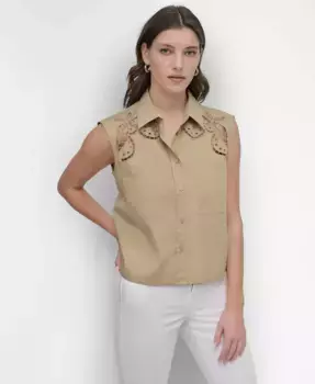 Женская хлопковая блуза без рукавов с лесенкой-отделкой DKNY, зеленый