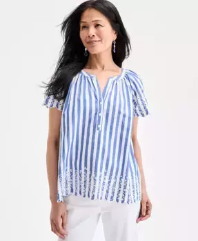 Женская хлопковая блузка с ажурными вставками и рукавами-крылышками Style & Co, синий