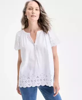 Женская хлопковая блузка с ажурными вставками и рукавами-крылышками Style & Co, белый