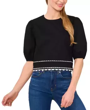 Женская хлопковая блузка с коротким рукавом-фонариком и круглым вырезом CeCe, черный