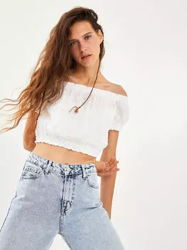 Женская хлопковая блузка с короткими рукавами и вышивкой вырезом лодочкой Xside