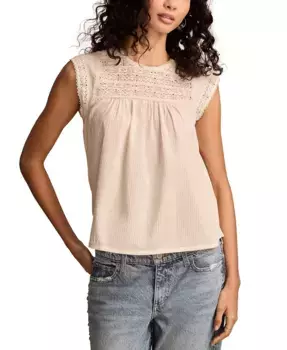 Женская хлопковая блузка с кружевным воротником и защипами Lucky Brand, белый