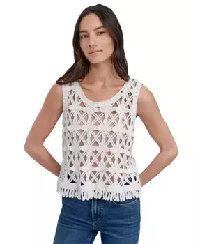 Женская хлопковая блузка с воротником-лодочкой и ажурной вязкой DKNY Jeans, белый