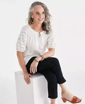 Женская хлопковая блузка с вышивкой смешанной техники Style & Co, бежевый