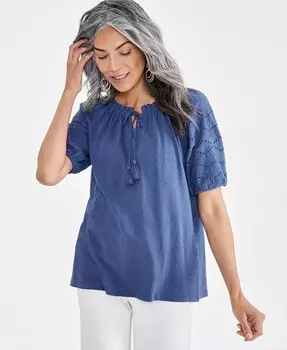 Женская хлопковая блузка с вышивкой смешанной техники Style & Co, синий