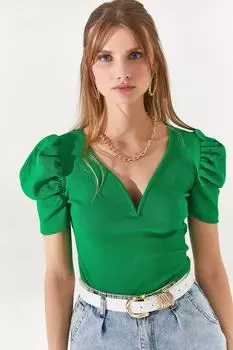 Женская хлопковая блузка травяного зеленого цвета с V-образным вырезом и рукавами принцессы Olalook, зеленый