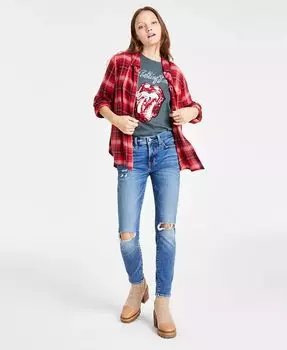 Женская хлопковая футболка-бойфренд Rolling Stones, рубашка-бойфренд Cloud Plaid и рваные узкие джинсы Ava со средней посадкой Lucky Brand, синий