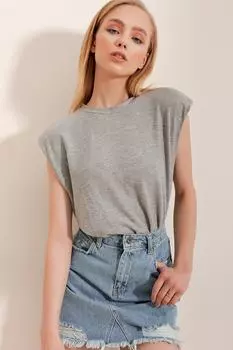 Женская хлопковая футболка Grimelange с круглым вырезом и подкладкой Trend Alaat Stili, серый