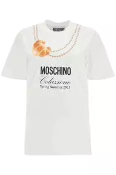 Женская хлопковая футболка Moschino с принтом круассанов и жемчуга, белый