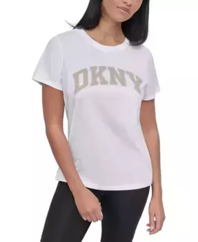 Женская хлопковая футболка с эффектом поношенности и стразами на логотипе DKNY, белый