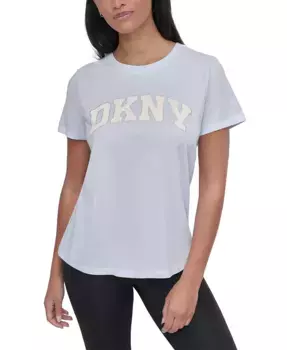 Женская хлопковая футболка с эффектом поношенности и стразами на логотипе DKNY, синий