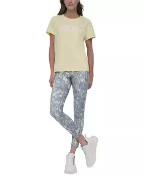 Женская хлопковая футболка с эффектом поношенности и стразами на логотипе DKNY, желтый