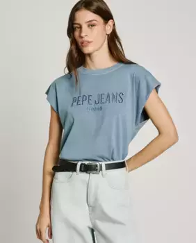 Женская хлопковая футболка с ажурным логотипом Pepe Jeans, синий