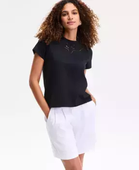 Женская хлопковая футболка с коротким рукавом и ажурной строчкой I.N.C. International Concepts, черный