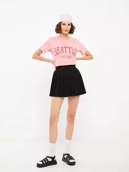 Женская хлопковая футболка с круглым вырезом и принтом с короткими рукавами LCW Casual