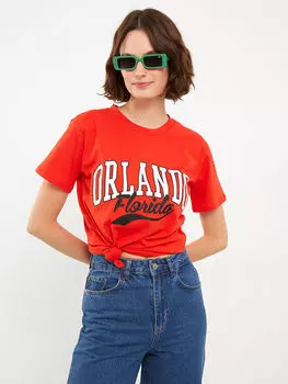 Женская хлопковая футболка с круглым вырезом и принтом с короткими рукавами LCW Casual